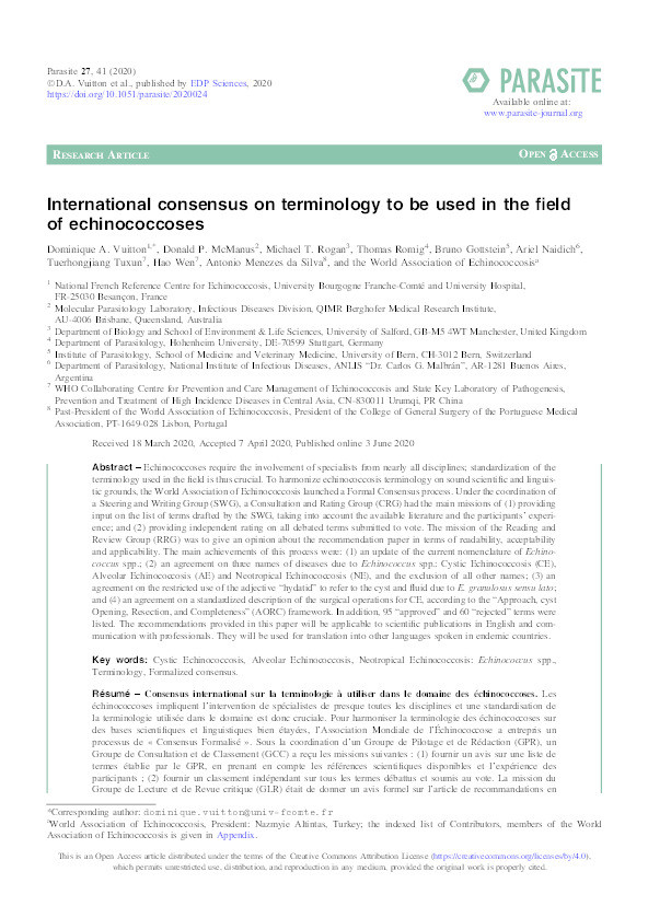 International consensus on terminology to be used in the field of echinococcoses Thumbnail