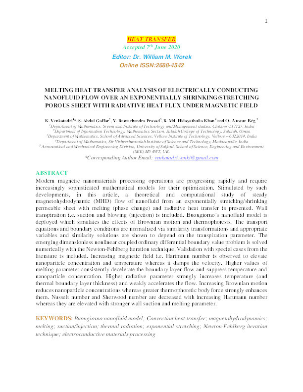 Melting heat transfer analysis of electrically conducting nanofluid flow over an exponentially shrinking/stretching porous sheet with radiative heat flux under magnetic field Thumbnail