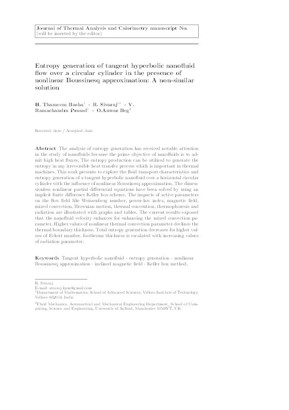 Entropy generation of tangent hyperbolic nanofluid over a circular cylinder in the presence of nonlinear Boussinesq approximation : a non-similar solution Thumbnail