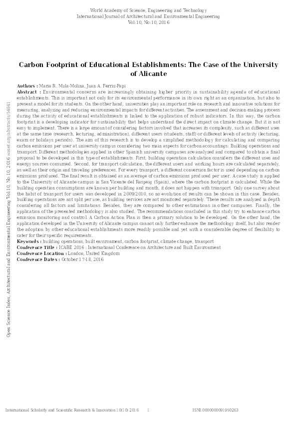 Carbon footprint of educational establishments : the case of the University of Alicante Thumbnail