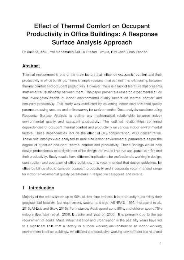 Effect of thermal comfort on occupant productivity in office buildings : response surface analysis Thumbnail