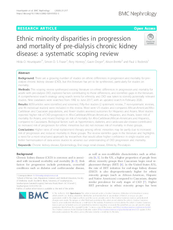 Ethnic minority disparities in progression and mortality of pre-dialysis chronic kidney disease : a systematic scoping review Thumbnail