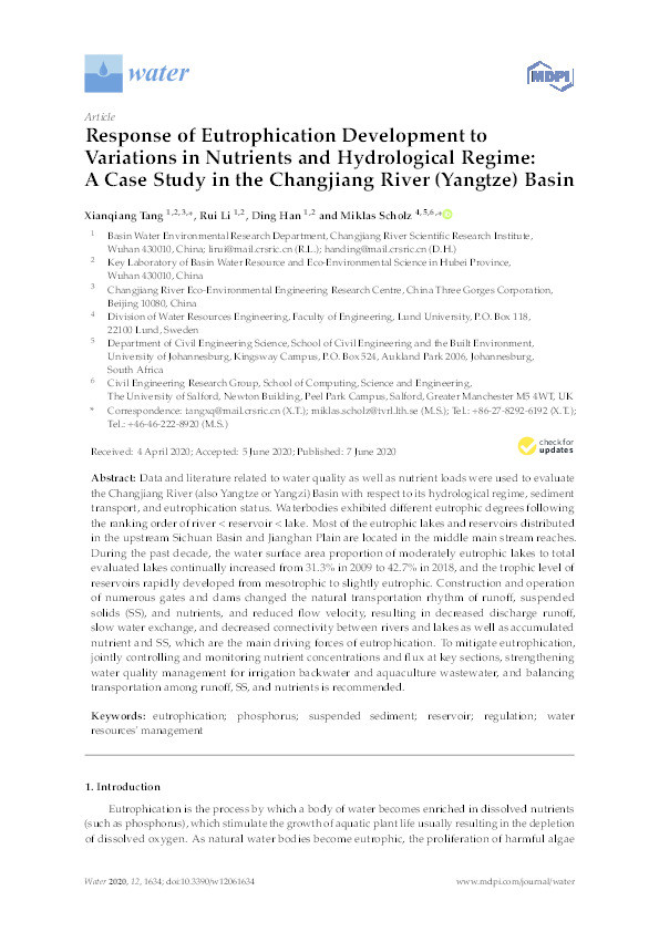 Response of eutrophication development to variations in nutrients and hydrological regime : a case study in the Changjiang River (Yangtze) Basin Thumbnail