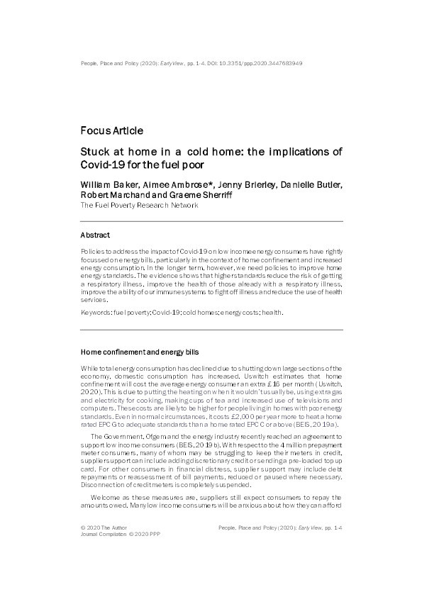 Stuck at home in a cold home : the implications of Covid-19 for the fuel poor Thumbnail