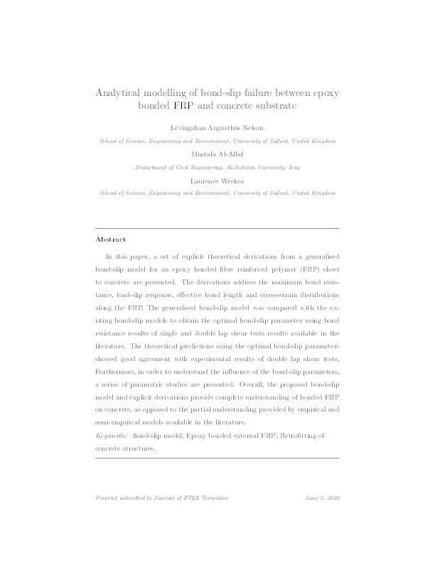 Analytical modelling of bond-slip failure between epoxy bonded FRP and concrete substrate Thumbnail