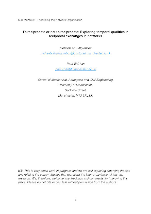 To reciprocate or not to reciprocate : exploring temporal qualities in reciprocal exchanges in networks Thumbnail