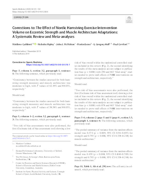 Corrections to : The effect of Nordic hamstring exercise intervention volume on eccentric strength and muscle architecture adaptations : a systematic review and meta-analyses Thumbnail