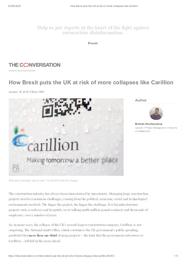 How Brexit puts the UK at risk of more collapses like Carillion Thumbnail