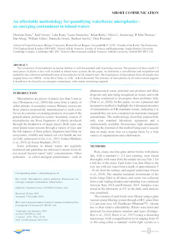 An affordable methodology for quantifying waterborne microplastics - an emerging contaminant in inland-waters Thumbnail