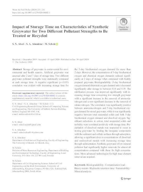 Impact of storage time on characteristics of synthetic greywater for two different pollutant strengths to be treated or recycled Thumbnail