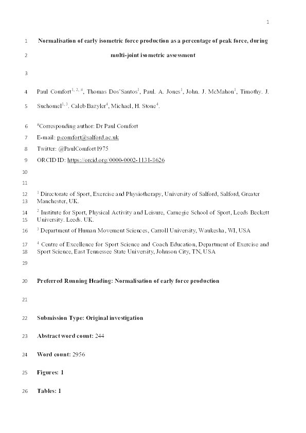 Normalization of early isometric force production as a percentage of peak force during multijoint isometric assessment Thumbnail