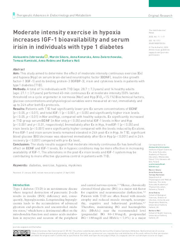 Moderate intensity exercise in hypoxia increases IGF-1 bioavailability and serum irisin in individuals with type 1 diabetes Thumbnail