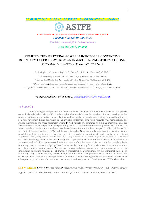 Computation of Eyring-Powell micropolar convective boundary layer flow from an inverted non-isothermal cone : thermal polymer coating simulation Thumbnail