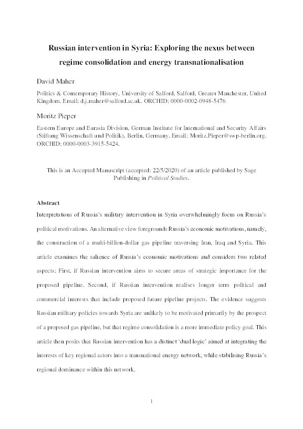 Russian intervention in Syria : exploring the nexus between regime consolidation and energy transnationalisation Thumbnail