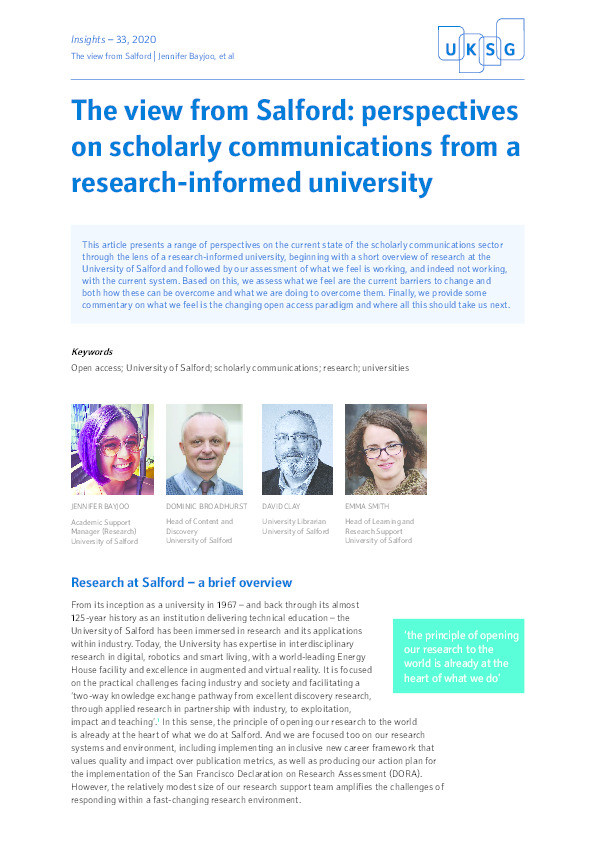 The view from Salford : perspectives on scholarly communications from a research-informed university Thumbnail