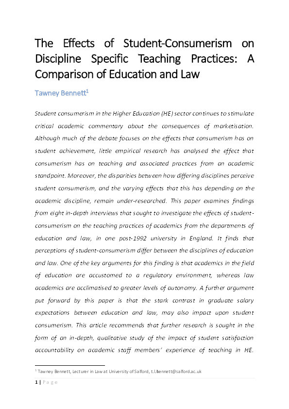 The effects of student-consumerism on discipline specific teaching practices : a comparison of education and law Thumbnail