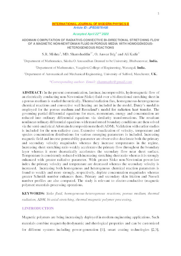 Adomain computation of radiative-convective bi-directional stretching flow of a magnetic non-Newtonian fluid in porous media with homogeneous-heterogeneous reactions Thumbnail
