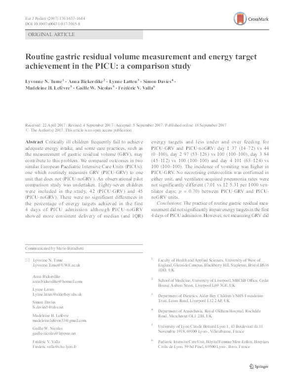Routine gastric residual volume measurement and energy target achievement in the PICU : a comparison study Thumbnail