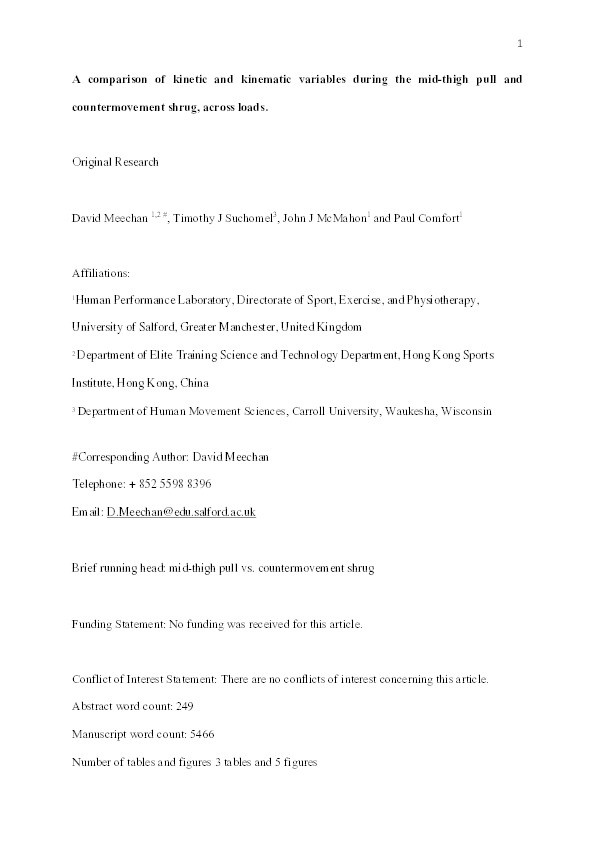 A comparison of kinetic and kinematic variables during the midthigh pull and countermovement shrug, across loads Thumbnail