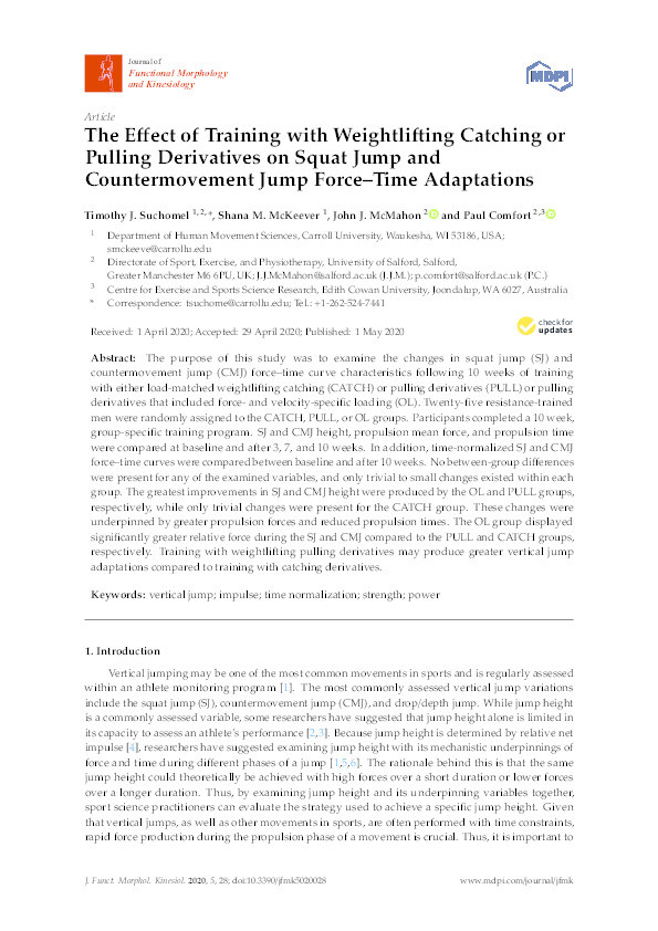 The effect of training with weightlifting catching or pulling derivatives on squat jump and countermovement jump force–time adaptations Thumbnail