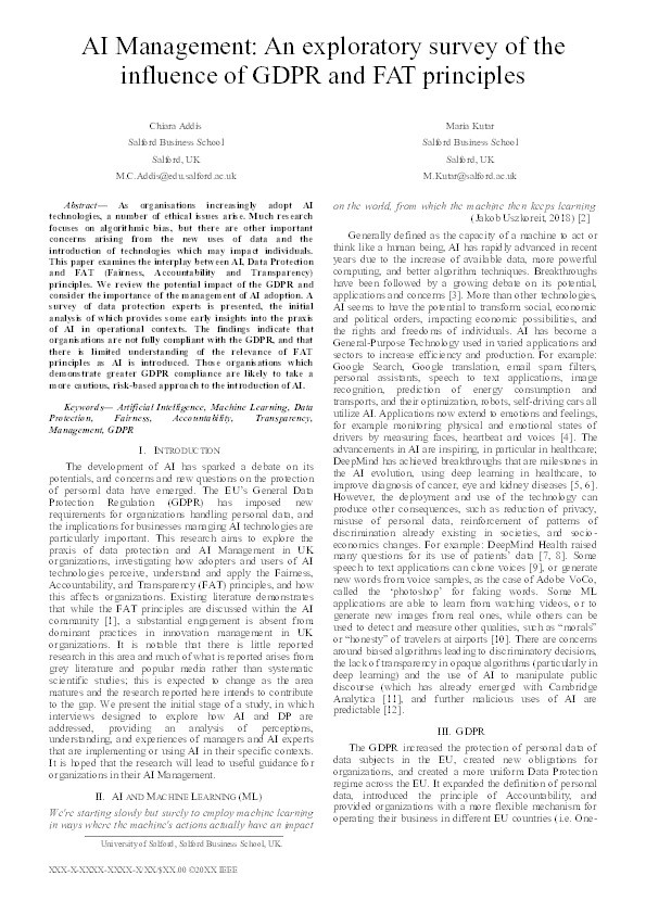 AI Management An Exploratory Survey of the Influence of GDPR and FAT Principles Thumbnail