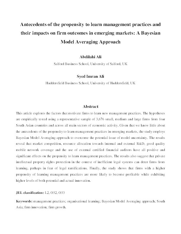 Antecedents of the propensity to learn management practices and their impacts on firm outcomes in emerging markets : a Bayesian model averaging approach Thumbnail