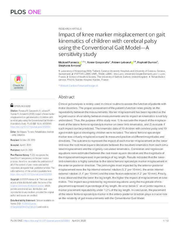 Impact of knee marker misplacement on gait kinematics of children with cerebral palsy using the Conventional Gait Model — a sensitivity study Thumbnail