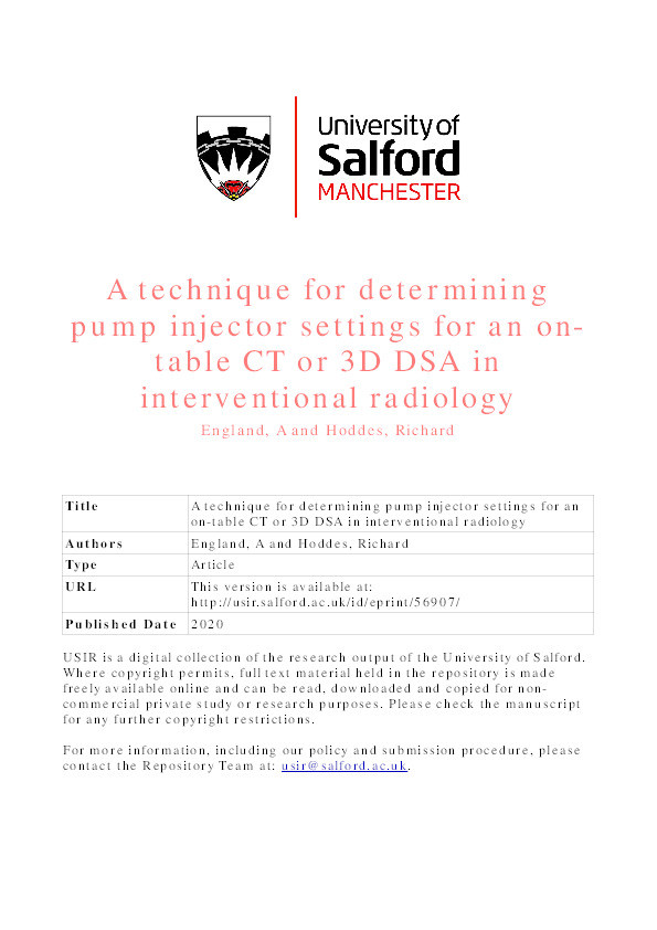 A technique for determining pump injector settings for an on-table CT or 3D DSA in interventional radiology Thumbnail