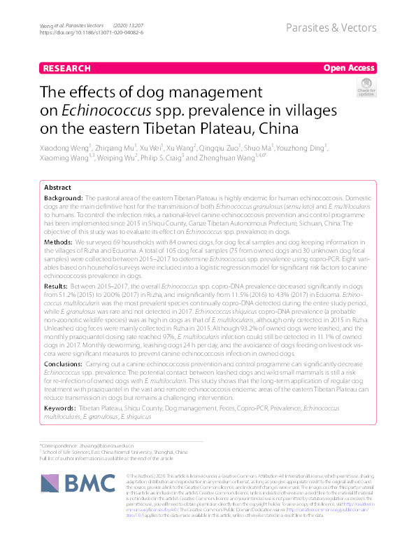The effects of dog management on Echinococcus spp. prevalence in villages on the eastern Tibetan Plateau, China Thumbnail