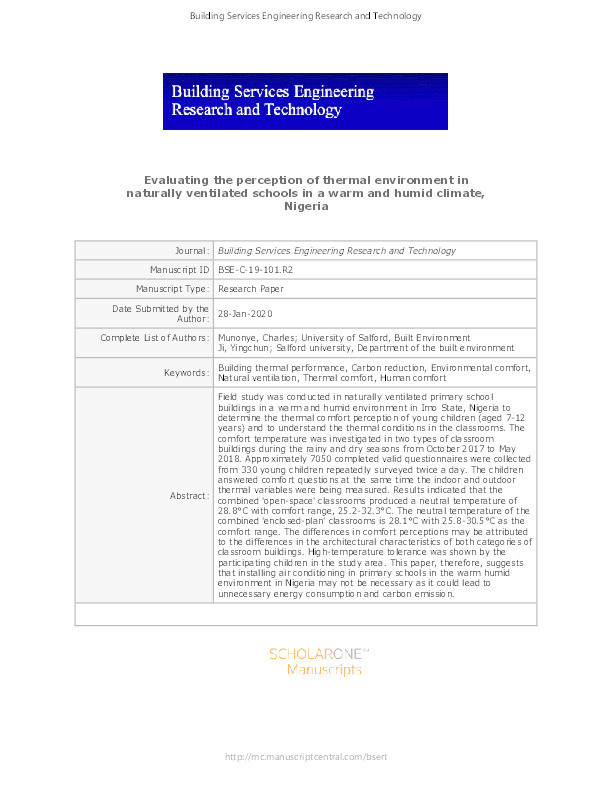 Evaluating the perception of thermal environment in naturally ventilated schools in a warm and humid climate in Nigeria Thumbnail