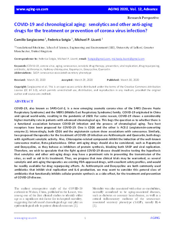 COVID-19 and chronological aging : senolytics and other anti-aging drugs for the treatment or prevention of corona virus infection? Thumbnail
