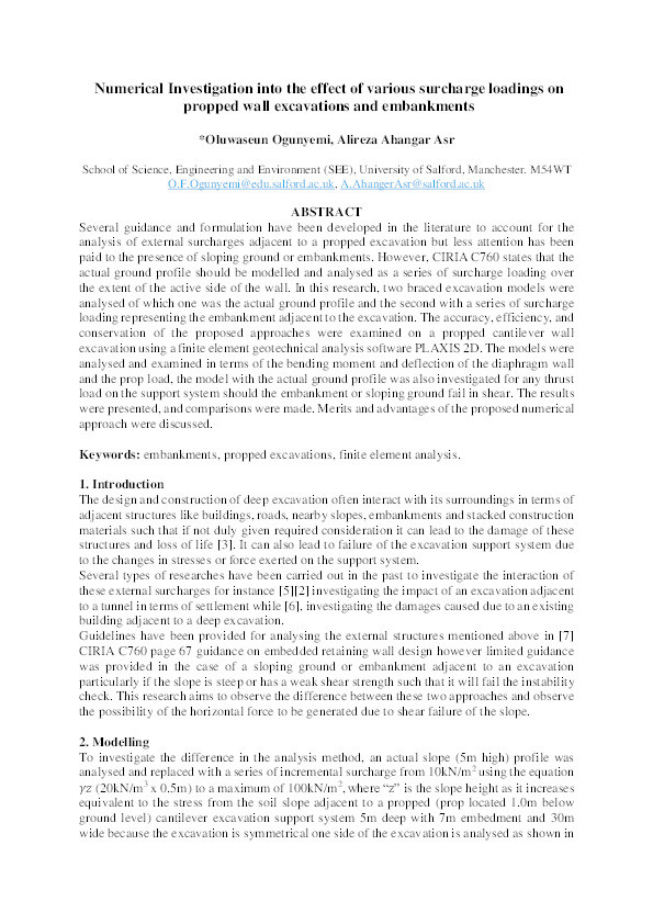 Numerical investigation into the effect of various surcharge loadings on propped wall excavations and embankments Thumbnail