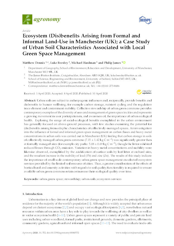 Ecosystem (dis)benefits arising from formal and informal land-use in Manchester (UK); a case study of urban soil characteristics associated with local green space management Thumbnail