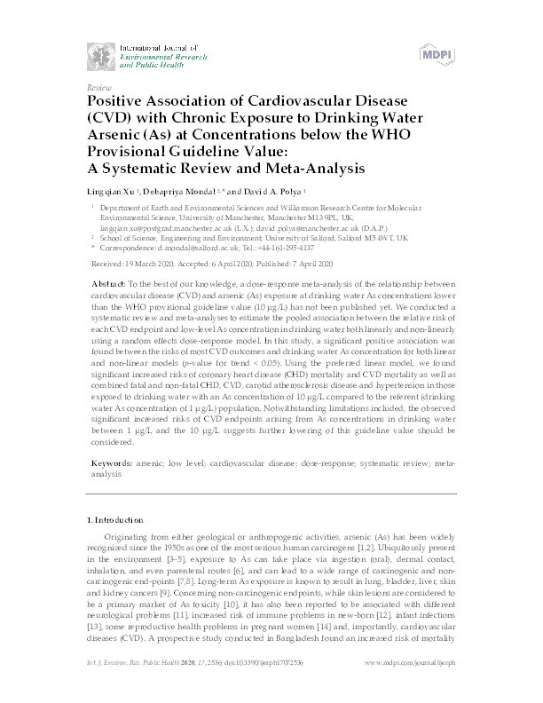 Positive association of Cardiovascular Disease (CVD) with chronic exposure to drinking water Arsenic (As) at concentrations below the WHO provisional guideline value : a systematic review and meta-analysis Thumbnail