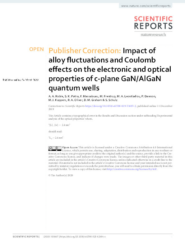 Publisher correction : Impact of alloy fluctuations and Coulomb effects on the electronic and optical properties of c-plane GaN/AlGaN quantum wells Thumbnail
