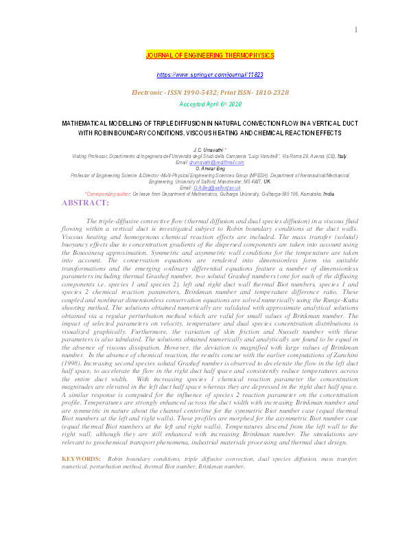 Mathematical modelling of triple diffusion in natural convection flow in a vertical duct with Robin boundary conditions, viscous heating and chemical reaction effects Thumbnail