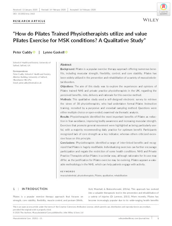 "How do pilates trained physiotherapists utilize and value pilates exercise for MSK conditions? A qualitative study" Thumbnail
