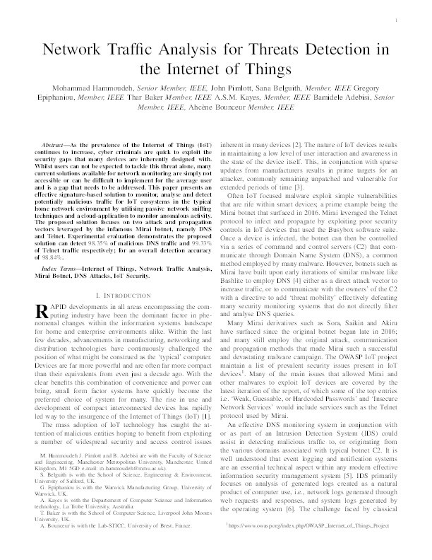 Network traffic analysis for threats detection in the Internet of Things Thumbnail