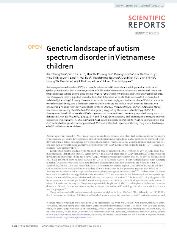 Genetic landscape of autism spectrum disorder in Vietnamese children Thumbnail