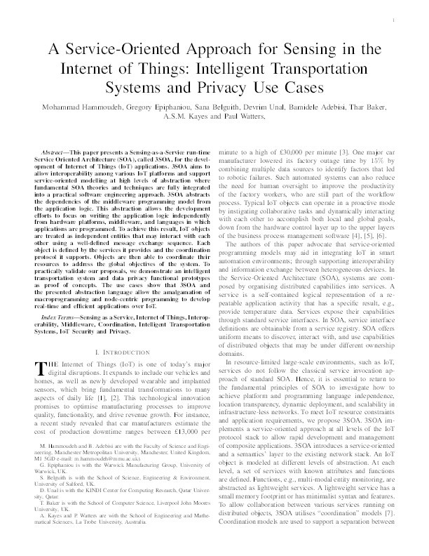 A service-oriented approach for sensing in the Internet of Things : intelligent transportation systems and privacy use cases Thumbnail