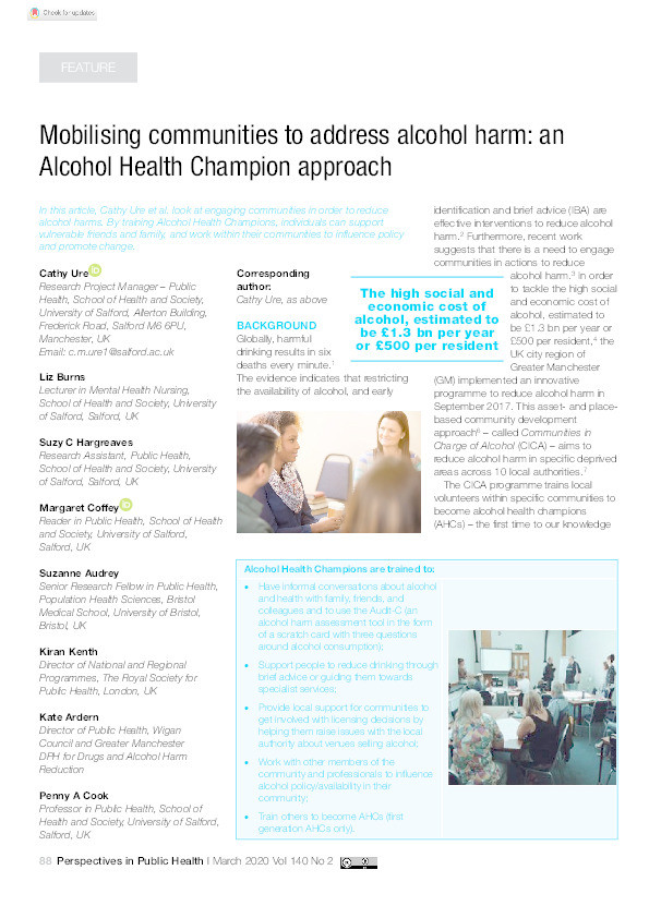 Mobilising communities to address alcohol harm : an Alcohol Health Champion approach Thumbnail