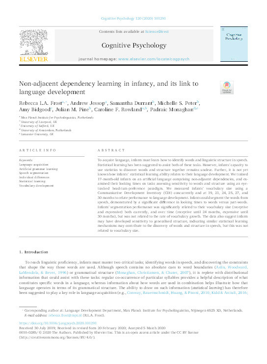 Non-adjacent dependency learning in infancy, and its link to language development Thumbnail