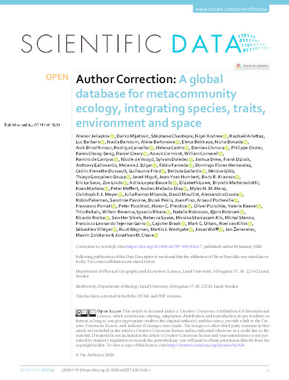 Author correction : a global database for metacommunity ecology, integrating species, traits, environment and space Thumbnail