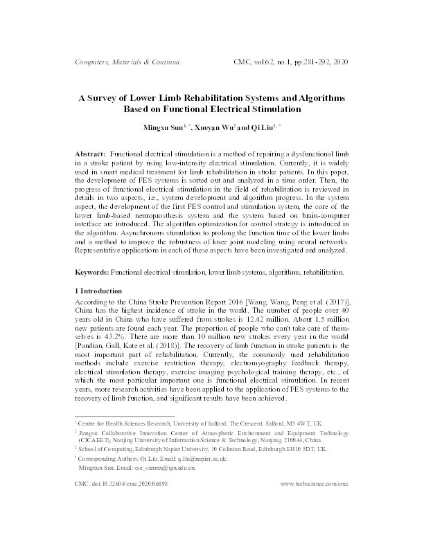 A survey of lower limb rehabilitation systems and algorithms based on functional electrical stimulation Thumbnail