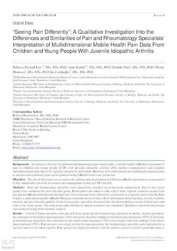 “Seeing pain differently” : a qualitative investigation Into the differences and similarities of pain and rheumatology specialists’ interpretation of multidimensional mobile health pain data from children and young people with Juvenile Idiopathic Arthritis Thumbnail