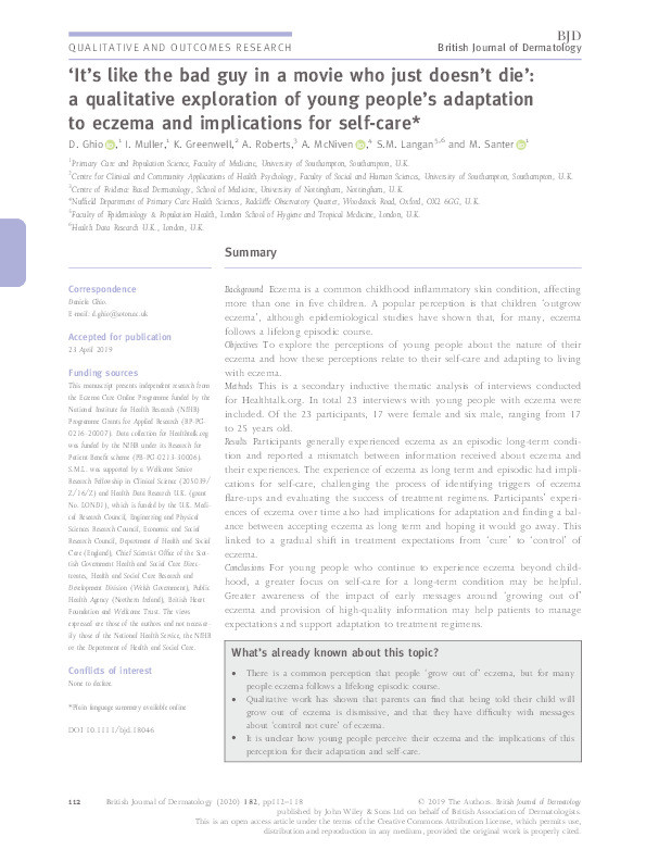 ‘It's like the bad guy in a movie who just doesn't die’ : a qualitative exploration of young people's adaptation to eczema and implications for self‐care Thumbnail
