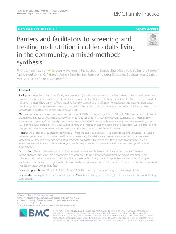 Barriers and facilitators to screening and treating malnutrition in older adults living in the community : a mixed-methods synthesis Thumbnail