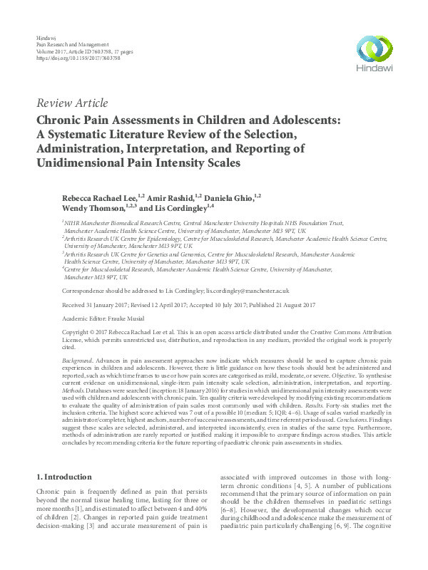 Chronic pain assessments in children and adolescents : a systematic literature review of the selection, administration, interpretation, and reporting of unidimensional pain intensity scales Thumbnail