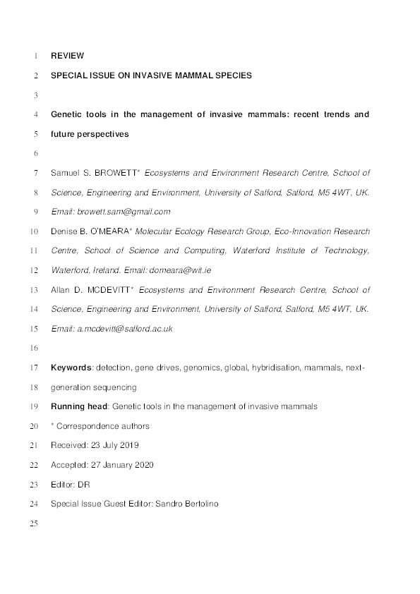 Genetic tools in the management of invasive mammals : recent trends and future perspectives Thumbnail