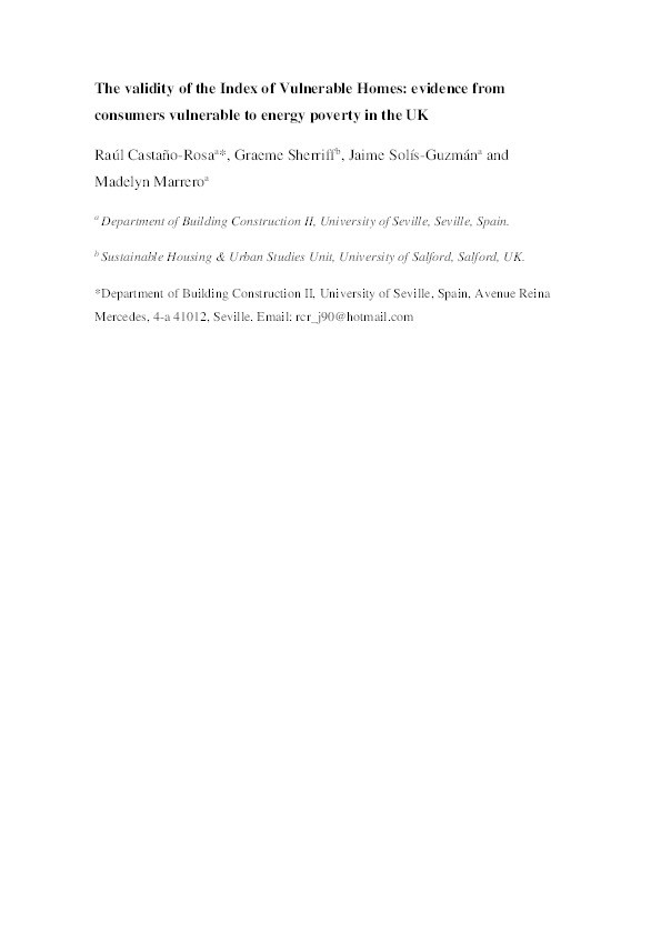 The validity of the index of vulnerable homes : evidence from consumers vulnerable to energy poverty in the UK Thumbnail